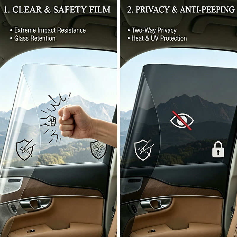 Film pour vitres automobiles transparent et sûr